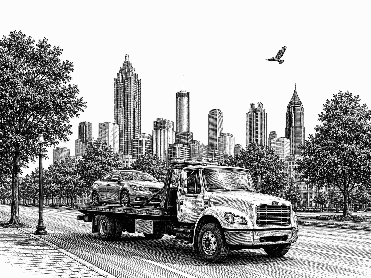 Engraved illustration of a flatbed tow truck carrying a car on a tree-lined Atlanta street, with the city skyline behind it